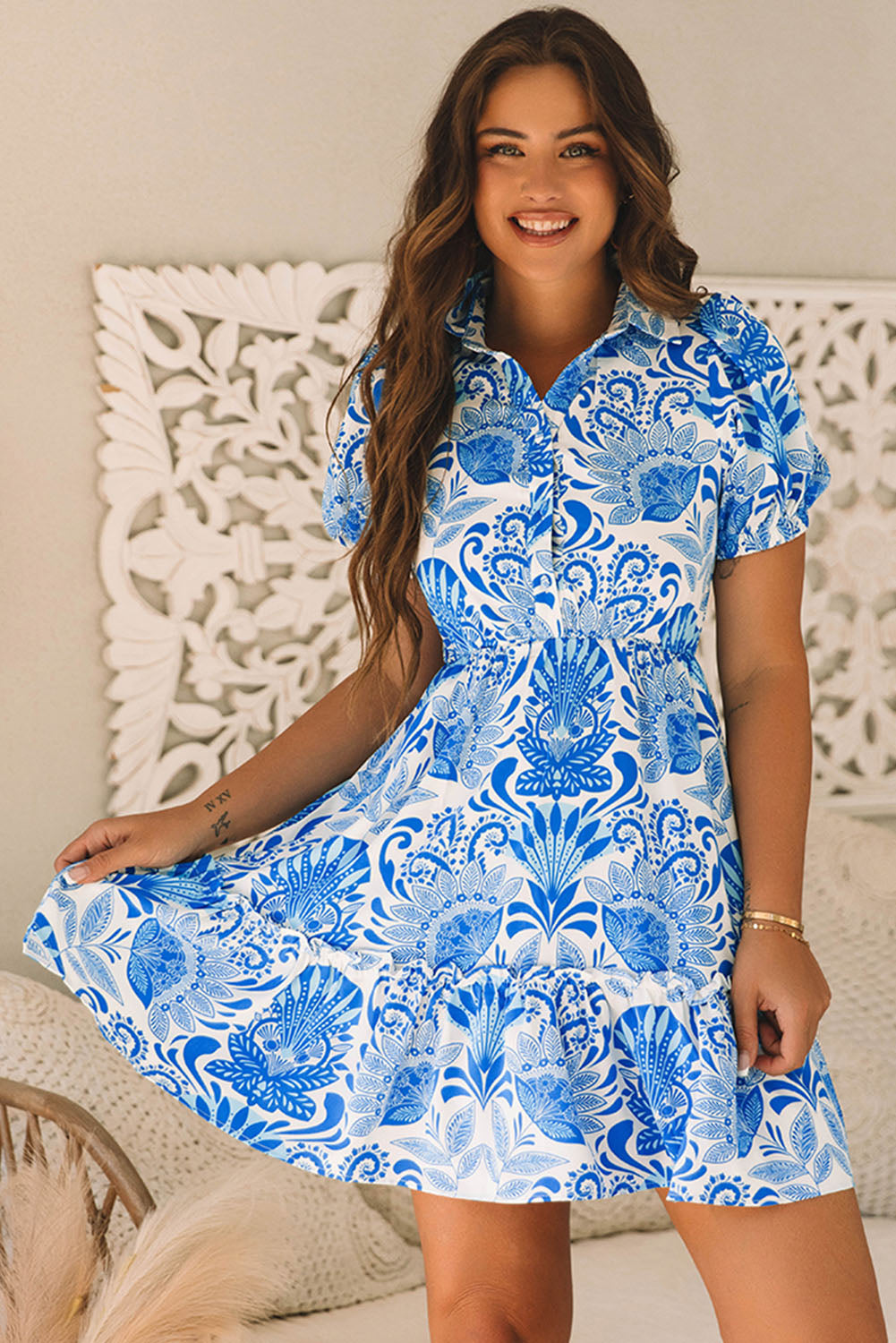 Bloom in Power — C2C Floral Drawstring Ruffle Dress